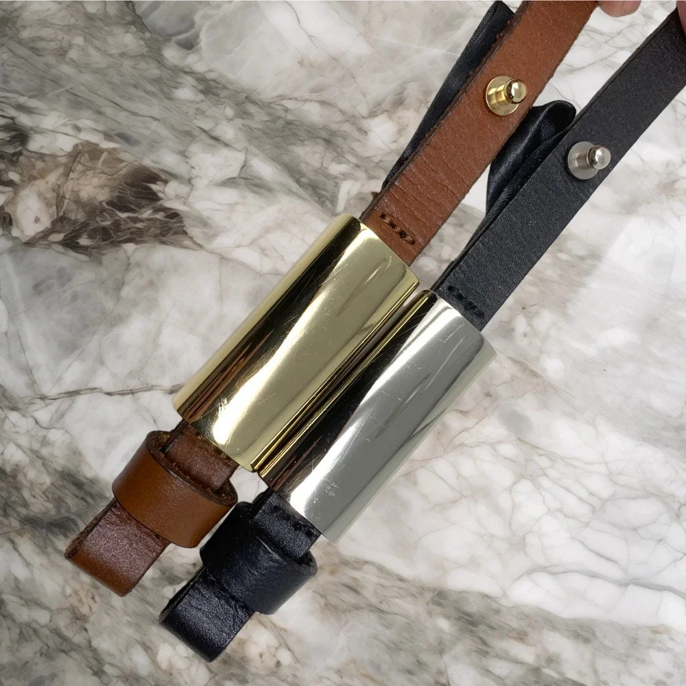 Lot 2 x Vintage Leather Skinny Belts Brown/Gold & Black/Silver Minimalist Sz L